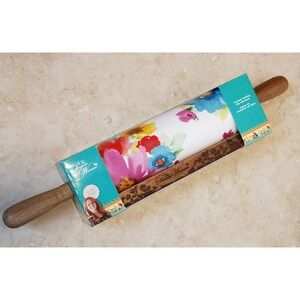 The Pioneer Woman Breezy Blossoms Ceramic Rolling Pin Wood Handles Stand NEW